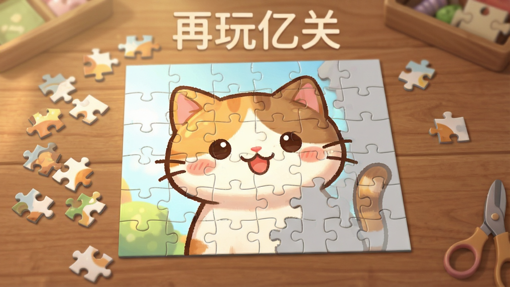 一张《再玩亿关》拼图玩法的游戏截图,画面中是一个正在拼装的可爱猫咪图案,拼图碎片散落在木质桌面上,已完成的区域展示出清晰明亮的画面,未完成的区域呈现灰白轮廓,构图自然,风格温馨治愈,细节丰富,画质干净,无多余元素,游戏名称“再玩亿关”以浅色字体显示在背景中。