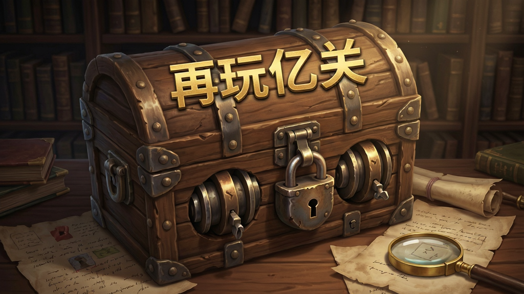 一张《再玩亿关》解谜玩法的游戏截图,画面中是一个古老的木箱,箱子上有复杂的转轮和锁扣,旁边散落着线索纸条和放大镜,背景是复古的图书馆书架,构图充满神秘感,风格细腻复古,光影效果出色,画质干净,无多余元素,游戏名称“再玩亿关”以烫金字体出现在木箱上。