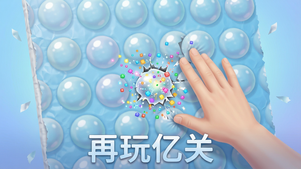 一张《再玩亿关》解压玩法的游戏截图,画面中是一块巨大的泡泡纸,上面布满了圆润的泡泡,一只手正在按压泡泡,泡泡爆裂的瞬间有粒子特效,背景是柔和的渐变蓝色,构图简洁,风格轻松解压,细节清晰,画质干净,无多余元素,游戏名称“再玩亿关”以半透明字体置于底部。