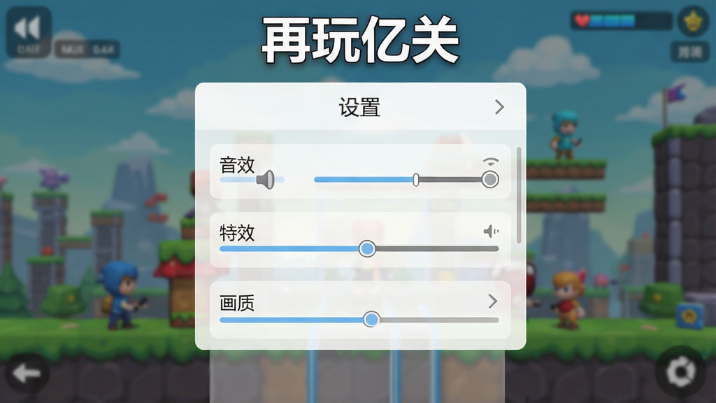 一张《再玩亿关》游戏内设置界面的截图,画面中显示“设置”菜单,包含“音效”、“特效”、“画质”等选项,界面简洁清爽,背景是模糊的游戏场景,构图居中,风格现代,细节清晰,画质干净,无多余元素,游戏名称“再玩亿关”以标题形式显示在屏幕上方。
