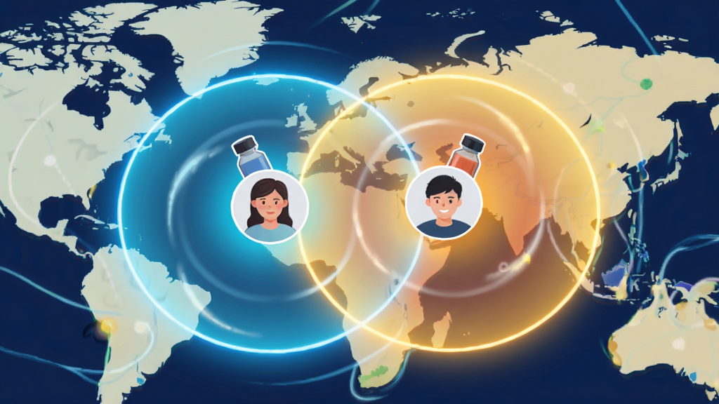引力瓶双向引力示意图,展示两个用户投放的瓶子在地图上形成重叠的圆形引力范围,双方头像出现在重叠区域,背景为抽象地图风格,配以流畅的线条和光效,风格清新明亮,画质细腻,干净无多余元素