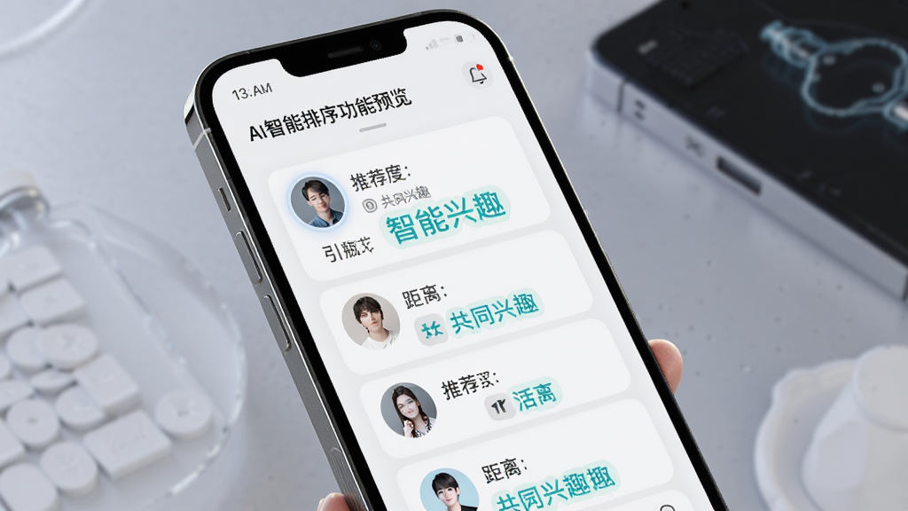 引力瓶AI智能排序功能预览,手机界面显示多个瓶子卡片,按推荐度从高到低排列,每张卡片上有用户头像、距离和共同兴趣标签,界面简洁,配有智能推荐的字样,风格科技感,画质高清,干净无多余元素