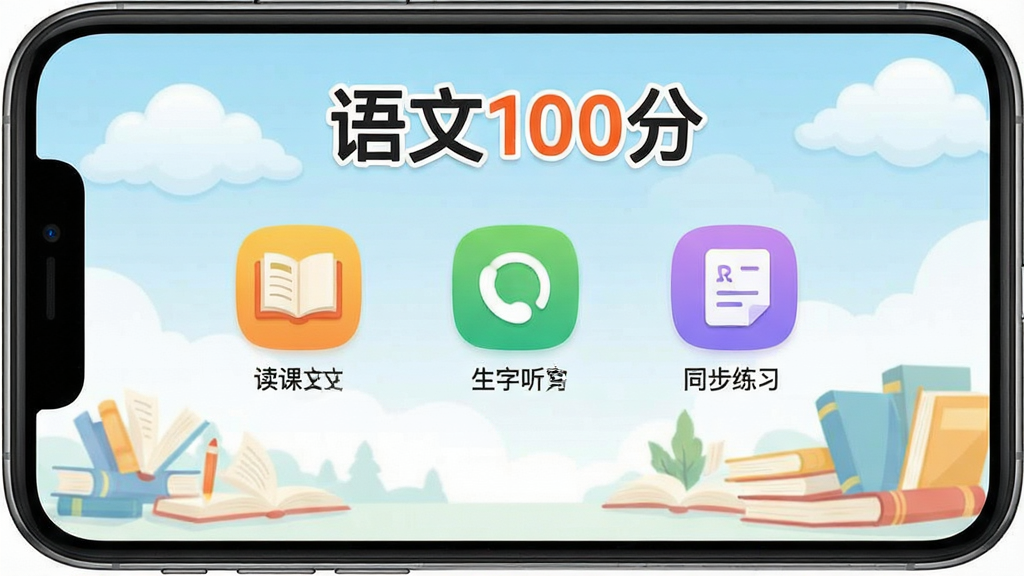 一张展示《语文100分》App主界面的高清手机截图,界面包含“读课文”、“听课文”、“生字听写”、“同步练习”等彩色功能图标,背景为淡雅的蓝天白云与书本插画,整体风格清新活泼,画质干净,无多余元素,突出软件名称“语文100分”字样。
