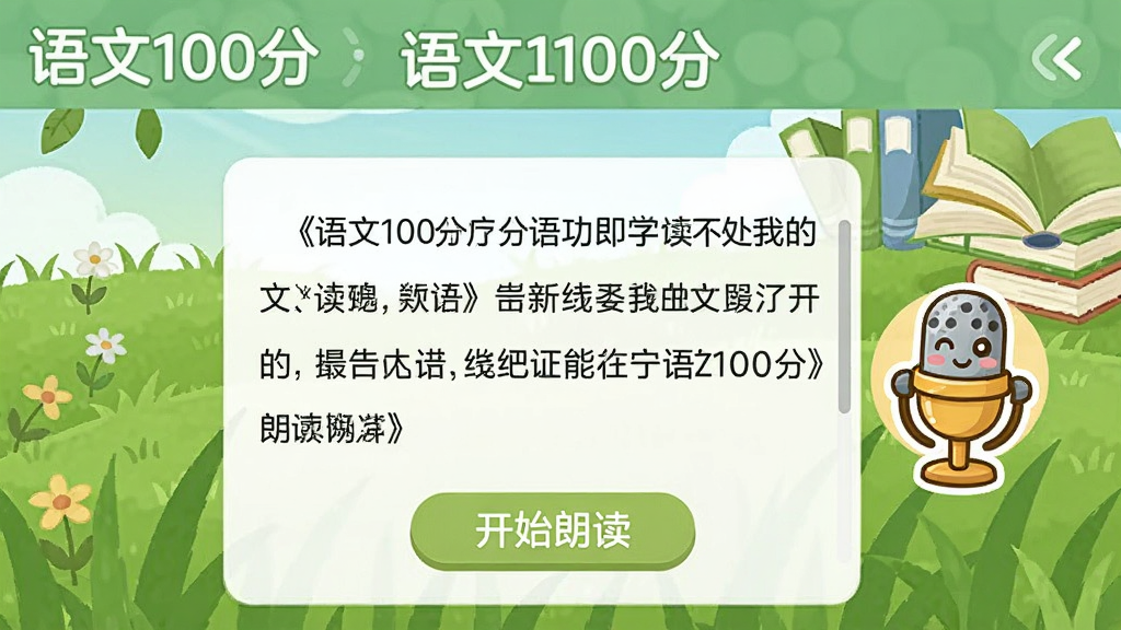 一张展示《语文100分》朗读功能的界面截图,屏幕上有课文文字和“开始朗读”按钮,旁边有卡通麦克风图标,背景是绿色草地和书本,风格清新,画质清晰,无多余元素,带有“语文100分”字样。