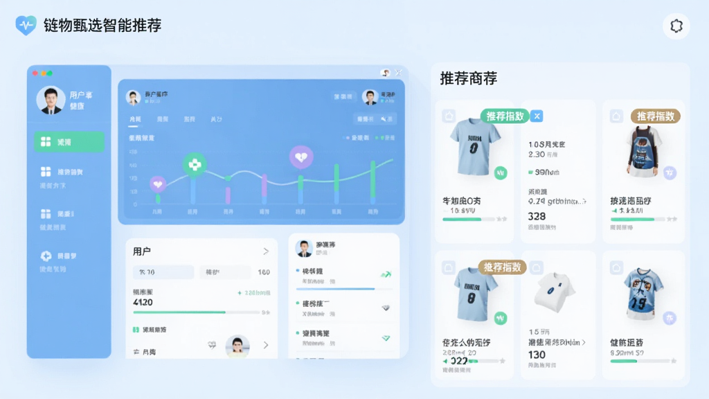 一张展示链物甄选智能推荐功能的界面设计图,画面左侧是用户健康数据仪表盘,右侧是推荐商品列表,每件商品附有“推荐指数”标签,整体以浅蓝色为主色调,扁平化设计风格,干净整洁,无多余元素
