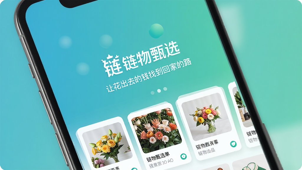 一张展示链物甄选APP主界面的高清手机截图,屏幕中央显示“链物甄选”品牌Logo和“让花出去的钱找到回家的路”的标语,背景为清新的蓝绿色渐变,商品卡片以网格布局排列,整体风格简约现代,画质清晰干净,无多余元素