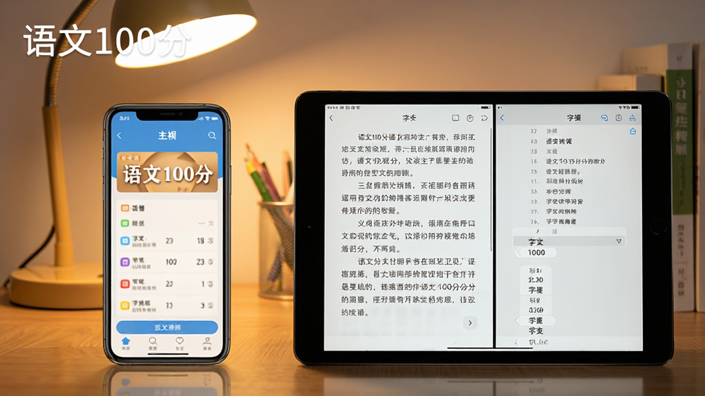 一张展示《语文100分》在手机和平板上同时运行的场景图,左侧手机显示主界面,右侧平板显示课文阅读与字典分屏,背景为书桌和台灯,风格温馨写实,画质清晰,无多余元素,带有“语文100分”字样。