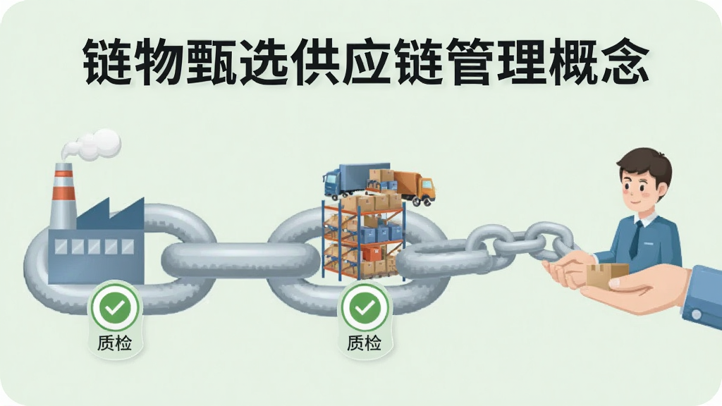 一张展示链物甄选供应链管理概念的图片,画面中一条清晰的链条从工厂、仓库延伸到用户手中,每个环节标有“质检”图标,背景为淡绿色,整体风格专业、干净,无多余元素