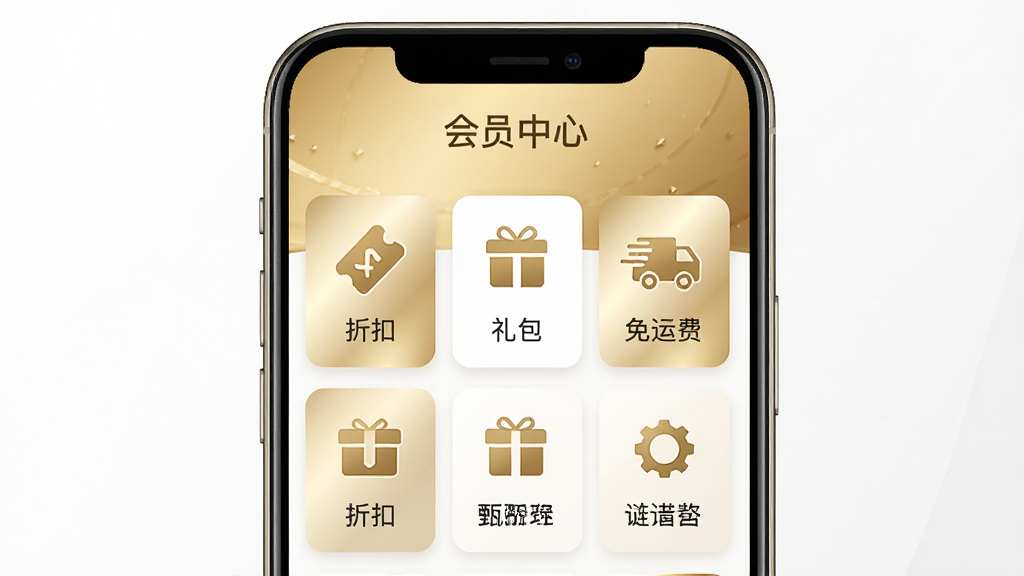 一张展示链物甄选会员权益的手机界面设计,屏幕顶部显示“会员中心”,下方以卡片形式列出各项权益图标,如“折扣”、“礼包”、“免运费”等,整体配色为金色与白色搭配,高端大气,画质细腻,无多余元素