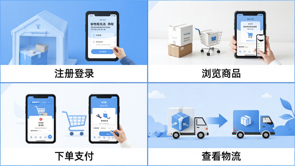 一张展示链物甄选使用教程的示意图,画面分为四格,分别展示注册登录、浏览商品、下单支付、查看物流四个步骤,每个格子下方有简短文字说明,整体风格清新简约,以蓝色和白色为主色调,画质清晰,无多余元素
