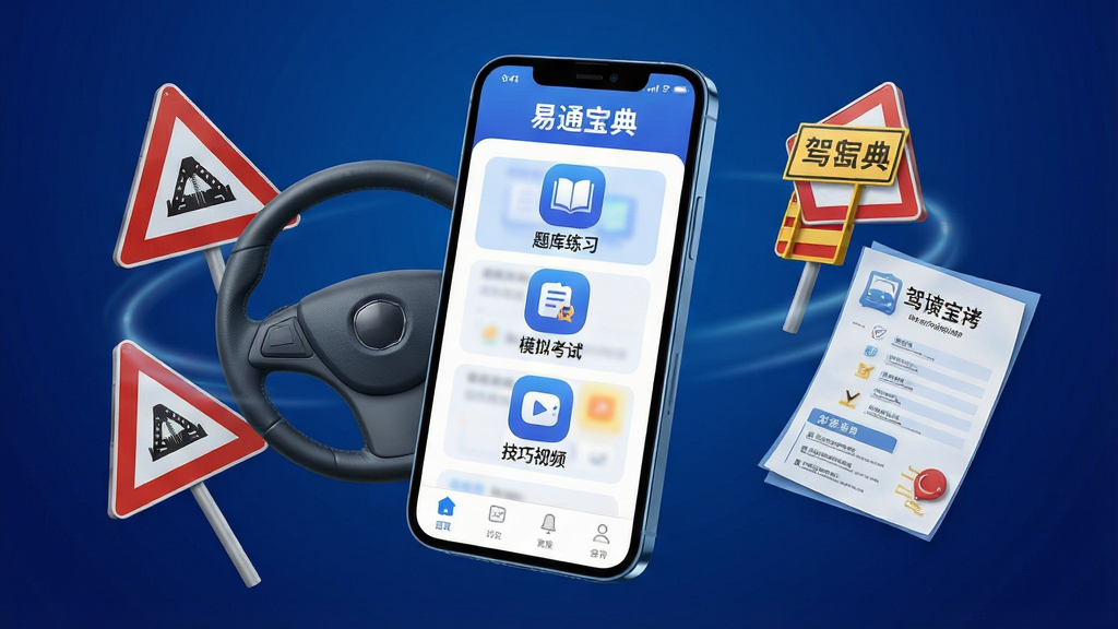 画面主体为一部智能手机悬浮在深蓝色渐变背景中央,屏幕内显示易通宝典APP主界面,界面清晰展示“题库练习”、“模拟考试”、“技巧视频”三大核心功能图标,整体布局简洁现代。手机周围环绕着方向盘、交通标志、成绩单等驾考元素,形成立体环绕效果。排版采用居中构图,风格科技感十足,细节上突出APP名称“易通宝典”字样,画质高清干净,无多余元素。