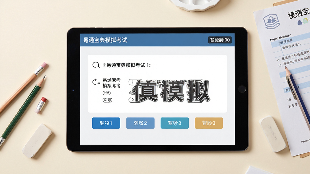 画面主体为一部平板电脑横屏显示易通宝典模拟考试界面,屏幕中央显示一道选择题,下方有四个选项按钮,右上角显示答题倒计时,整体界面风格与真实驾考考试系统一致。平板电脑周围散落着铅笔、橡皮、成绩单等文具元素,背景为柔和的米白色,布局采用居中式,排版简洁,风格写实,细节上突出“仿真模拟”字样,画质干净,无多余元素。