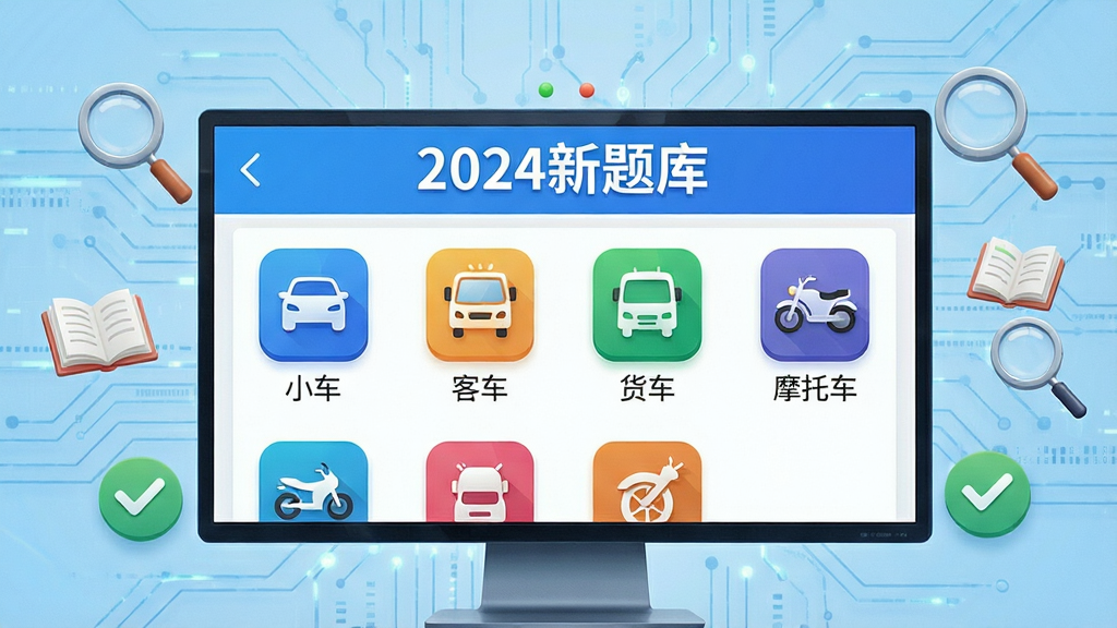 画面主体为一块巨大的电子屏幕,屏幕内显示易通宝典APP题库列表页面,页面顶部标注“2024新题库”字样,下方以列表形式展示各类车型题库分类,包括小车、客车、货车、摩托车等,每个分类图标设计鲜明。屏幕周围漂浮着放大镜、书本、对勾等图标,背景为浅蓝色科技纹理。布局采用左右对称式,排版规整,风格清新明亮,细节丰富,画质干净,无多余元素。