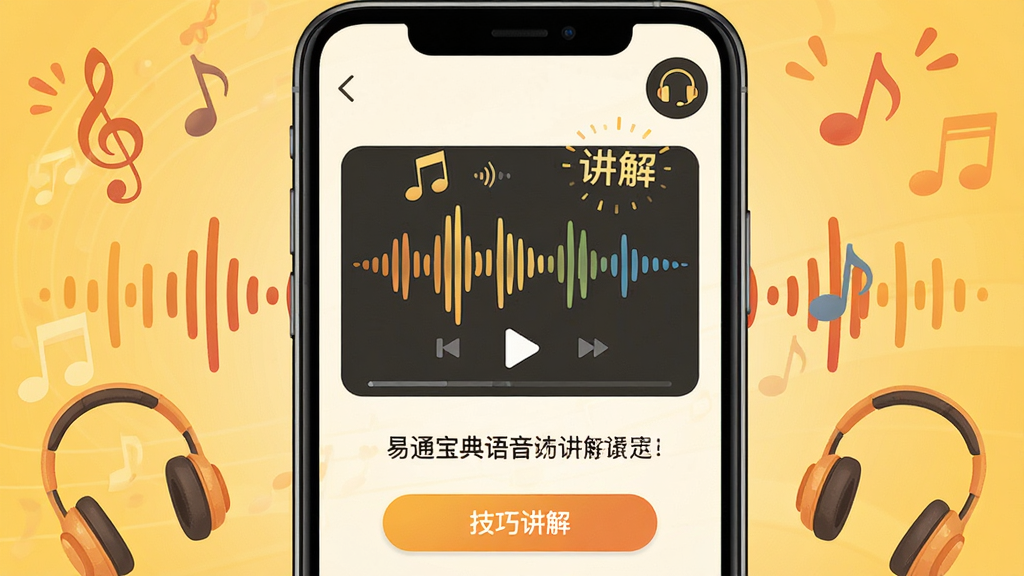 画面主体为手机屏幕显示易通宝典语音讲解界面,屏幕中央有一个播放中的音频波形图,下方显示题目文字和“技巧讲解”按钮,右上角有耳机图标。手机周围环绕着音乐符号、声波、耳机等元素,背景为暖黄色渐变,布局采用居中对称式,风格温馨活泼,细节上突出“语音讲解”字样,画质干净,无多余元素。