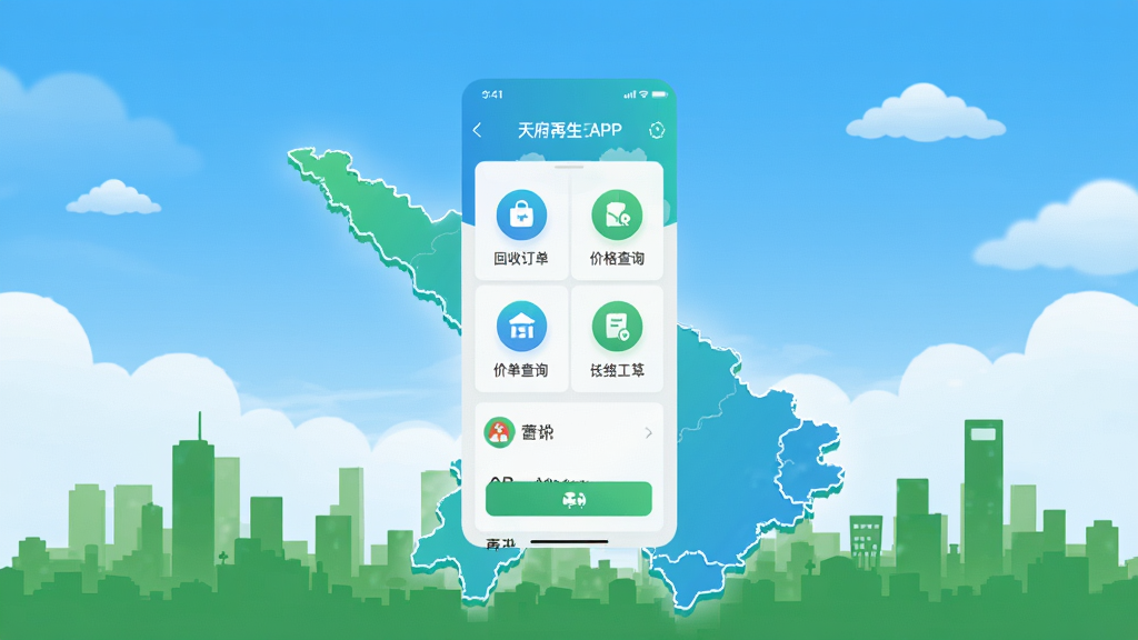 画面主体为天府再生云APP界面悬浮于四川省地图之上,背景是蓝天白云下的绿色城市剪影,界面显示回收订单追踪、价格查询等核心功能图标,整体布局居中,采用扁平化设计风格,色彩清新明亮,以蓝绿色调为主,突出环保与科技感,画质高清干净,无多余元素