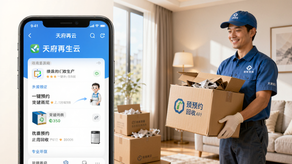 展示天府再生云APP一键预约上门回收的场景,画面左侧是手机界面,右侧是回收人员正在居民家中搬运废纸箱,人物动作自然,布局清晰,采用写实风格,光线明亮温暖,突出服务的便捷与专业,画质干净无多余元素
