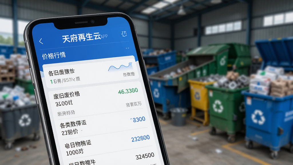 天府再生云APP价格行情页面特写,屏幕内显示各类废旧物资的当日价格列表,背景为模糊的回收站场景,图表数据清晰可见,采用商务简约风格,蓝色科技色调,突出数据透明与真实性,画质高清,无多余元素