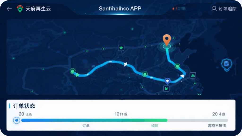 天府再生云APP订单追踪界面,地图上显示回收员移动轨迹,下方有订单状态进度条,界面设计简洁直观,采用科技感强的深蓝背景配以亮色高亮,突出实时定位与流程管理功能,画质细腻,无多余元素