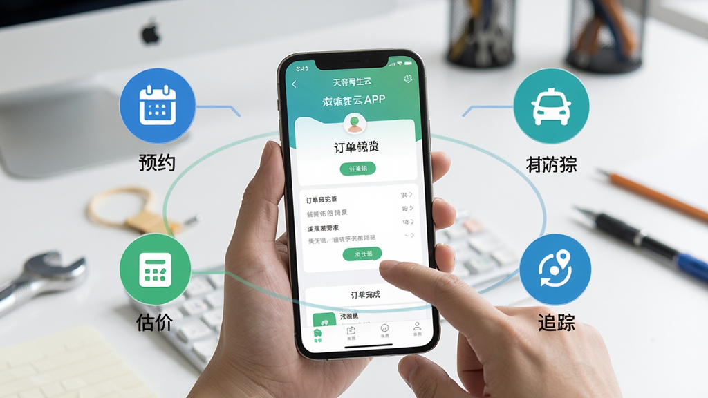 天府再生云APP使用教程场景,画面中央是一部正在操作APP的手机,屏幕显示订单完成界面,周围环绕着“预约”、“估价”、“追踪”等操作步骤图标,背景为简洁的工作台,风格写实,布局清晰,突出操作流畅感,画质干净无多余元素