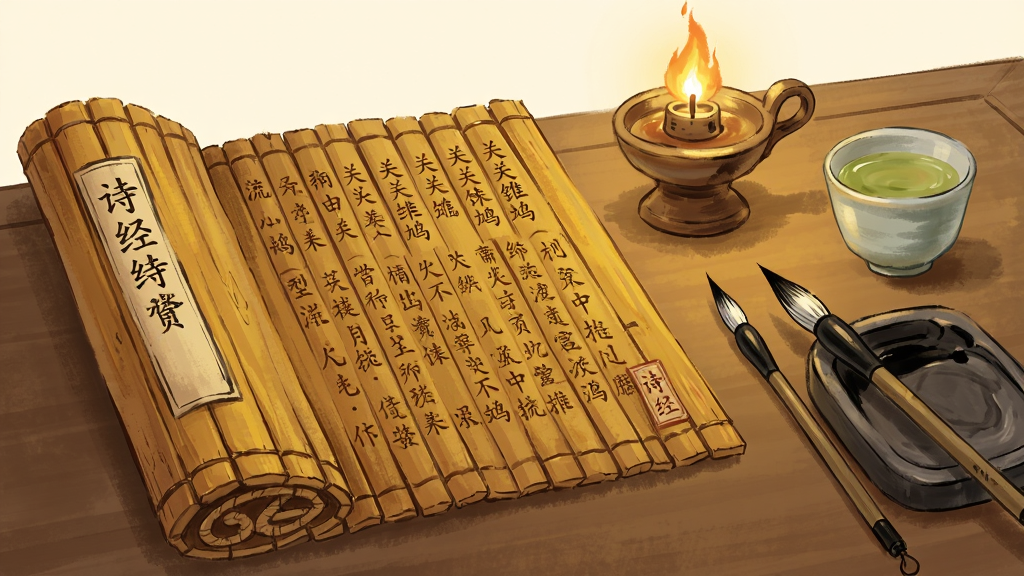 画面主体为古书案几上摊开的《诗经》竹简,旁边放着一盏油灯和一杯清茶。布局采用侧视图,竹简占画面左侧,右侧有毛笔和砚台。排版风格为古风插画,色彩以暖黄、棕褐为主。细节上,竹简文字清晰可见“关关雎鸠”字样,画质细腻,古韵十足,画面干净,无多余元素。