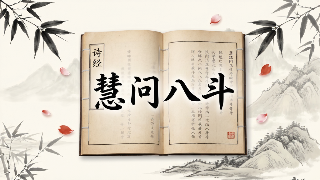 画面主体为一本翻开的古籍线装书,书页上浮现“慧问八斗”四个毛笔字,周围飘散着水墨风格的竹叶和花瓣,背景是淡雅的山水画。布局采用居中构图,书籍在画面中央,两侧留白。排版风格为传统中式留白,色彩以米黄、墨黑、朱砂红为主。细节上,书页文字隐约可见《诗经》诗句,画质高清,整体风格古风雅致,画面干净,无多余元素。
