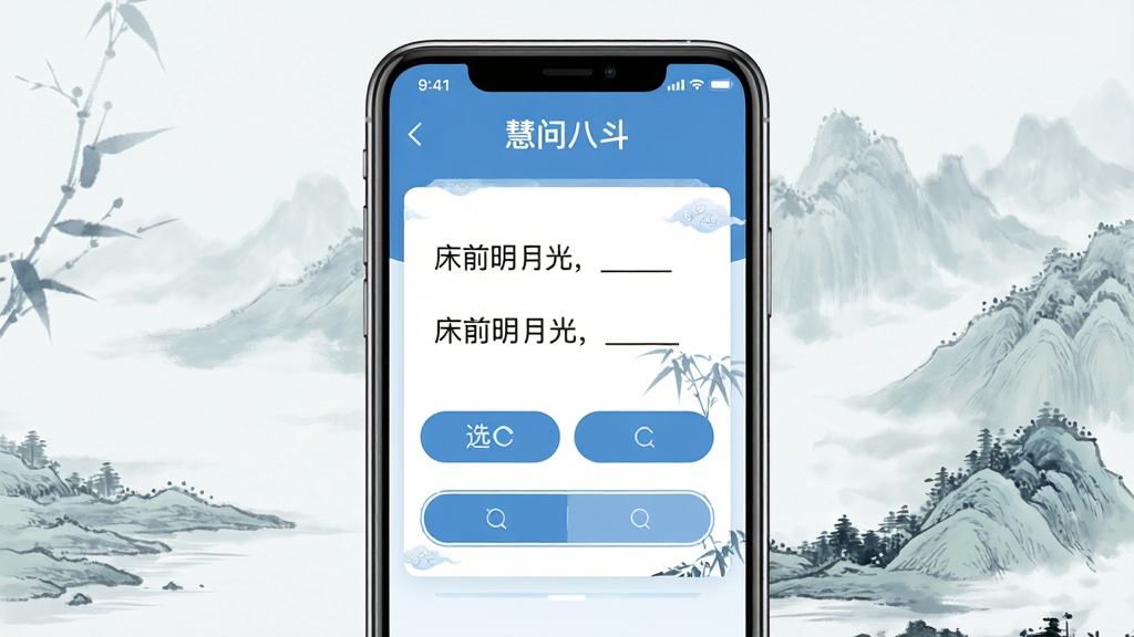画面主体为手机屏幕界面,界面显示“慧问八斗”诗词答题页面,有填空题和选项按钮。布局采用手机居中正面展示,背景为淡雅水墨山水。排版风格为UI界面截图与插画结合,色彩以蓝白为主。细节上,屏幕内文字清晰“床前明月光,____”,画质高清,界面简洁,画面干净,无多余元素。