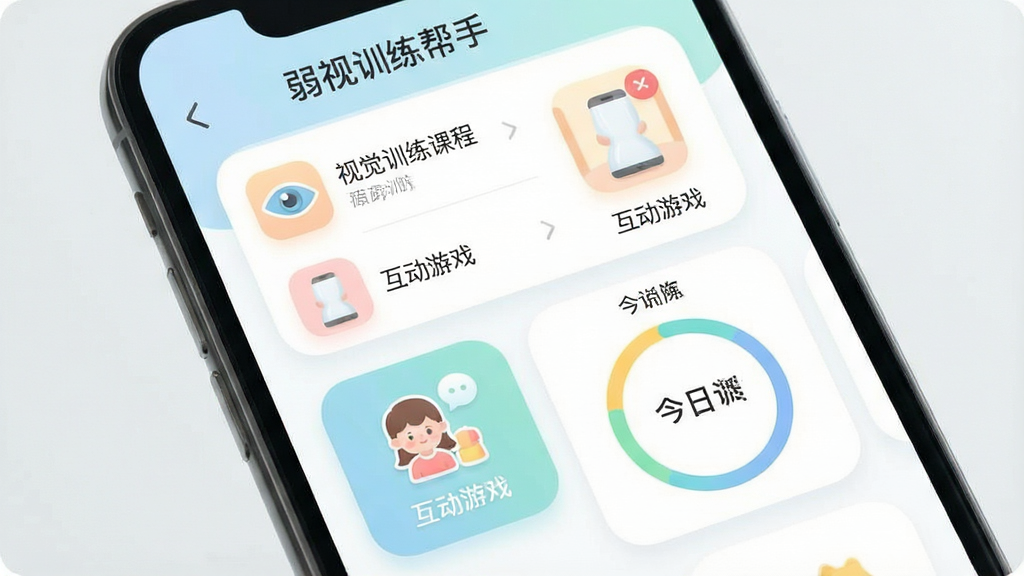 一张展示弱视训练帮手应用主界面的高清截图,主体为手机屏幕内色彩柔和的功能图标布局,包含视觉训练课程列表、互动游戏入口和今日训练进度环,整体排版简洁明快,风格清新现代,细节呈现圆润图标与柔和阴影,画质细腻干净,无多余元素,屏幕上方显示应用名称“弱视训练帮手”