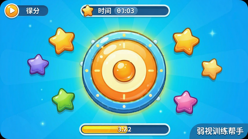 展示弱视训练帮手中互动游戏界面的概念图,主体为游戏场景中一个明亮的圆形目标物与散落的星形元素,布局采用中心聚焦构图,风格卡通生动,细节包括游戏得分与时间进度条,画质鲜艳干净,无多余元素,画面角落标注“弱视训练帮手”
