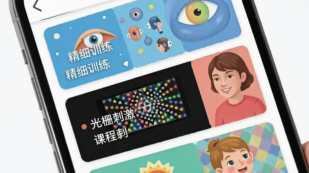 展示弱视训练帮手应用内课程选择界面的效果图,主体为手机屏幕中排列整齐的课程卡片,每张卡片配有不同的视觉图案与颜色标识,布局采用纵向滚动列表,风格清爽活泼,细节包括课程名称标签“精细训练”、“光栅刺激”,画质清晰干净,无多余元素