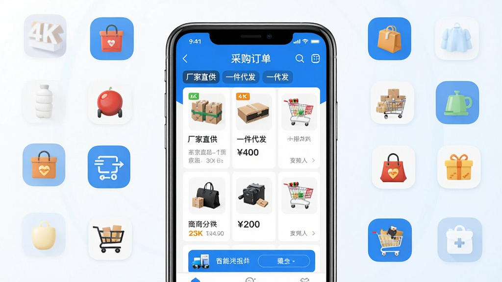 ���壺���������ɹ��г�APP����չʾ���ֻ���Ļ����ʾ��Ʒ�����б���ɹ�����ҳ�档���֣��ֻ����У���Ļ��ǰ����Χ���Ƹ�����ƷСͼ�ꡣ�Ű棺APP������������Ʒ����ͼ��۸��ǩ��Ŀ������ִ�����磬ɫ��������������ɫ����ϸ�ڣ���Ļ����ʾ������ֱ������һ�������������������ʣ�4K���壬�ɾ����޶���Ԫ�ء�