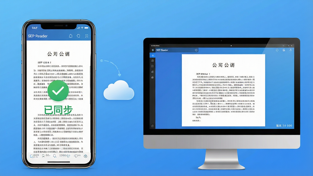 主体:一部智能手机和一台电脑并排摆放,屏幕上都运行着SEP Reader软件,显示同一份公文。布局:手机在左,电脑在右,中间有云朵图标代表数据同步。排版:手机屏幕显示竖版公文,电脑显示横版,均清晰可见。风格:现代商务感,背景为干净的渐变蓝色。细节:手机屏幕上有“已同步”绿色对勾,电脑屏幕右下角有版本号。画质:高清,明亮,无多余元素。