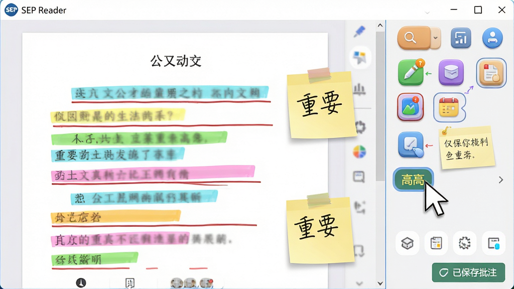 主体:SEP Reader软件界面中,一份公文上有多处彩色荧光笔标记和红色下划线,旁边有便签注释。布局:公文占据画面左侧,右侧为批注工具面板。排版:批注颜色鲜艳,便签上有手写体文字“重要”。风格:简洁明亮,工具图标立体感强。细节:鼠标指针指向一个“高亮”按钮,屏幕右下角有“已保存批注”提示。画质:4K细腻画质,整洁无杂乱元素。