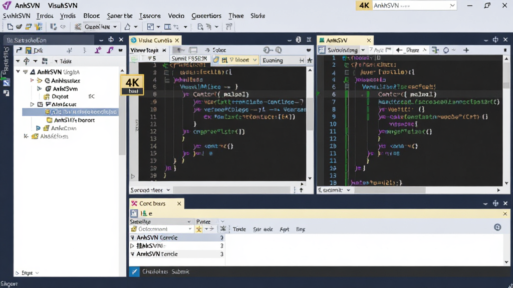���壺AnkhSVN ������ Visual Studio ���ɿ��������еĽ����ͼ��������ʾ�����ļ��Ͱ汾���Ʋ�����塣���֣����Ϊ���������Դ���������Ҳ�Ϊ����༭�����ײ�Ϊ��������ġ����ڣ����岼���������Ű棺����Ԫ���������룬�˵����͹�����һĿ��Ȼ�����дʵ����ִ��������棬ɫ��������ϸ�ڣ��˵�����ע��AnkhSVN���������ύ��ťͻ����ʾ�����ʣ�4K���壬�ɾ����޶���Ԫ�ء�