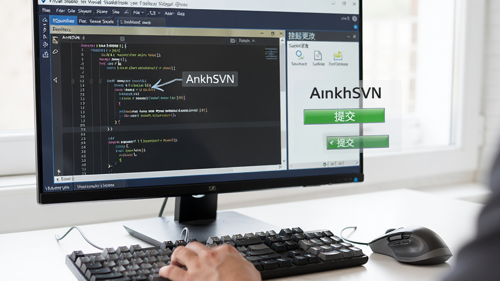 ���壺��������ʹ�� AnkhSVN ���д����ύ��������Ļ����ʾ Visual Studio �ġ�������ġ���塣���֣�ǰ��Ϊ���̺���꣬����Ϊ��ʾ���ϵĴ�����ύ��ť���Ű棺������⣬ͻ�����ύ����ť�������ʵ��Ӱ��񣬻���������ϸ�ڣ���Ļ�б�ע��AnkhSVN���ַ������ύ��ťΪ��ɫ�����ʣ����壬�ɾ����޶���Ԫ�ء�