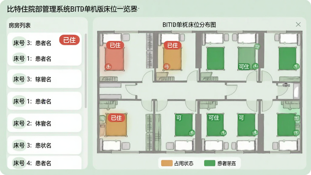 ���壺����סԺ������ϵͳBITIPD�����洲λһ�����棬��ƽ��ͼ��ʽչʾ��䲡������λ�����֣����Ϊ�����б����Ҳ�Ϊ���ӻ���λ�ֲ�ͼ����ͬ��ɫ������ͬ״̬���Ű棺���񻯲��֣�ÿ����λ��Ƭ��ʾ�����뻼�����������ҽ��ϵͳ���õ�ǳ��ɫ�����������ɫ��Ƭ��Բ����ơ�ϸ�ڣ�ռ�ô�λ��ʾ��ɫ����ס����ǩ���մ���ʾ��ɫ����ס�����ײ���ͼ��˵�������ʣ��������ȣ�ɫ����ͣ��޶���Ԫ�ء�