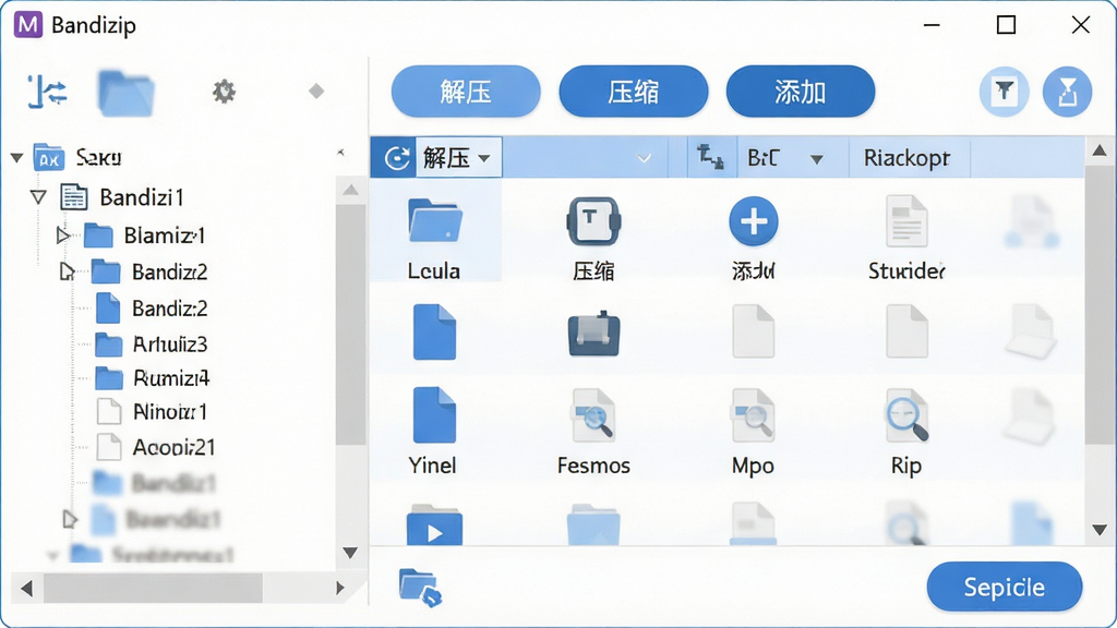 主体:一款名为“Bandizip”的压缩软件主界面,界面简洁明亮,左侧为文件树,右侧为文件列表,顶部有“解压”、“压缩”、“添加”等按钮,整体布局清晰有序。风格:现代扁平化设计,色彩以蓝白为主,细节:文件图标清晰,按钮带有圆角,界面无多余元素,画质:高清、干净、无多余元素。