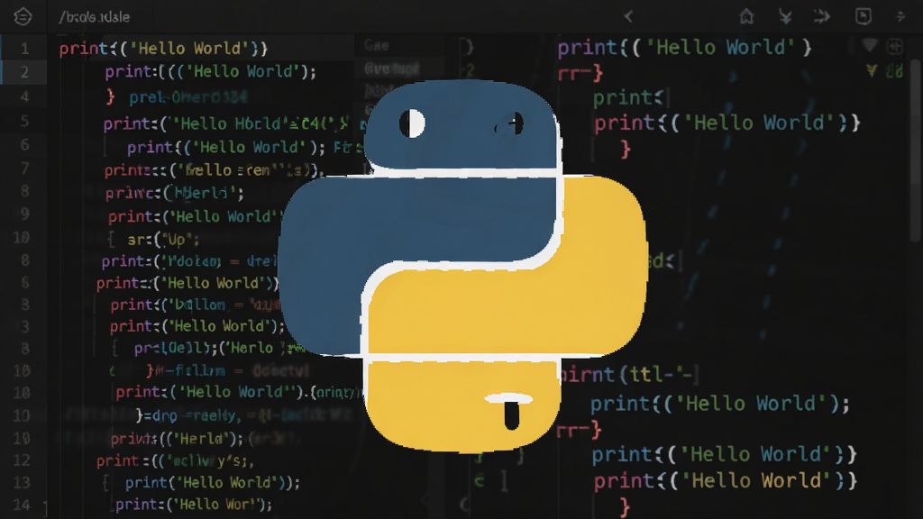 一张现代简约风格的科技感横版图片,主体为Python官方Logo(两条交织的蓝黄蟒蛇),背景为深色代码编辑器界面,周围漂浮着“print('Hello World')”等彩色代码字符,布局居中,排版清晰,风格干净明亮,细节丰富,画质高清,无多余元素