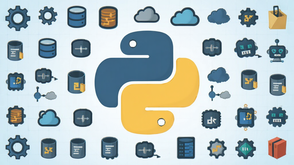 一幅充满科技感的插画,主体为一个大大的Python Logo,周围环绕着许多小图标,如齿轮、数据库、云朵、机器人等,代表各种库与模块,背景为浅蓝色渐变网格,布局饱满,排版有序,风格扁平化矢量,细节丰富,画质清晰,无多余元素
