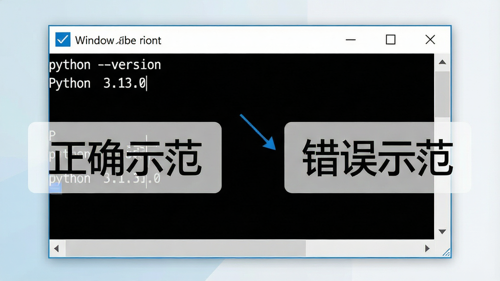 一张教学风格的截图,主体为Windows命令行窗口,黑色背景白色字体,显示“python --version”命令及输出“Python 3.13.0”,窗口周围有半透明的提示框标注“正确示范”与“错误示范”,布局对比清晰,排版直观,风格简洁写实,细节注重文字可读性,画质高清,无多余元素