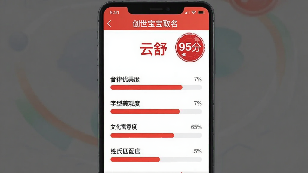 主体为“创世宝宝取名”应用的姓名评测结果页面截图。页面顶部显示一个高分名字“云舒”,旁边有醒目的红色“95分”圆形印章。下方用清晰的条形图分别展示“音律优美度”、“字型美观度”、“文化寓意度”、“姓氏匹配度”四个维度的得分。整体界面采用简洁的数据可视化风格,白底红字,信息一目了然,排版规整,画质清晰,无多余元素。