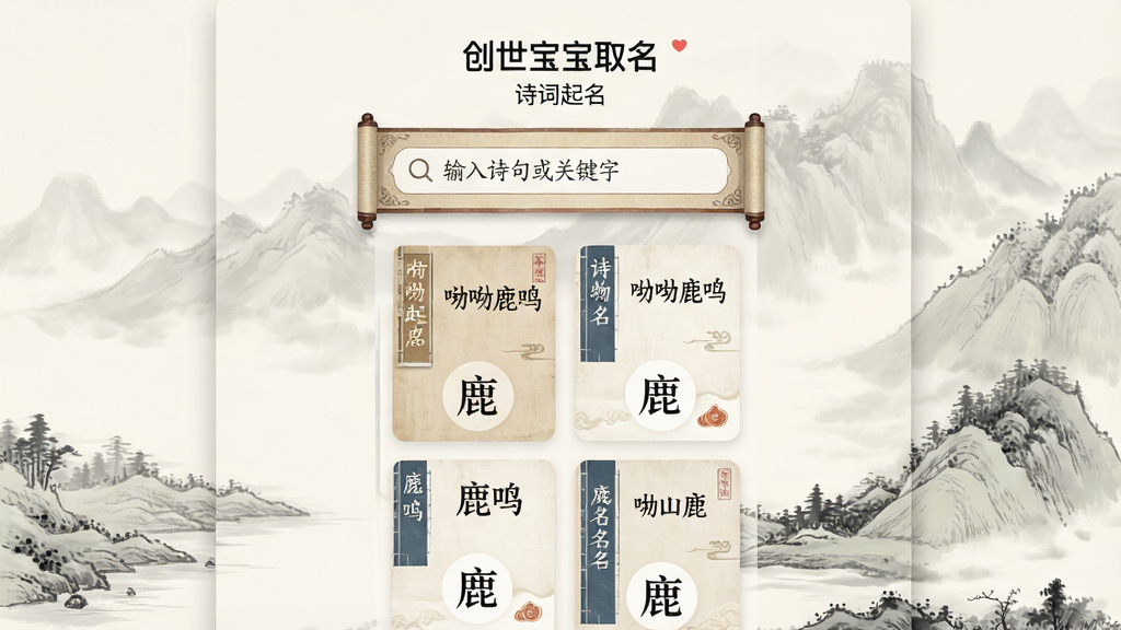 主体为“创世宝宝取名”应用的“诗词起名”功能界面,背景为淡雅的水墨山水画。界面中央是一个古风卷轴样式的搜索框,内书“输入诗句或关键字”。下方以瀑布流形式展示多张精美卡片,每张卡片上均有一句古诗词原文、出处以及由此提取的推荐名字,例如“呦呦鹿鸣”下推荐“鹿鸣”二字。卡片设计融合了古籍版式与现代卡片美学,排版雅致,字体清晰,画质高清,整体风格古典而不失现代感,干净无冗余元素。