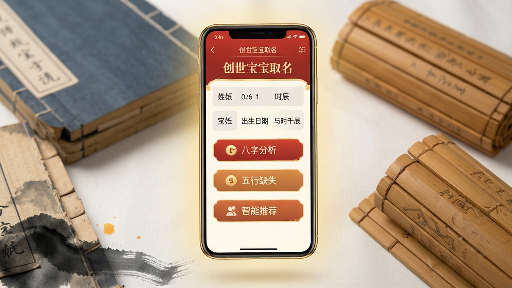 主体为一部亮着柔和金光的智能手机,屏幕占据视觉中心,手机悬浮于充满书香气息的古籍与竹简背景之上。屏幕内展示出一款名为“创世宝宝取名”的应用界面,界面设计简洁大气,以红色和金色为主色调,上方显示“创世宝宝取名”字样,下方清晰罗列出宝宝的姓氏、出生日期与时辰,并醒目展示“八字分析”、“五行缺失”、“智能推荐”三大功能按钮。整体布局信息层级分明,排版规整舒适。画面融合了传统国风水墨元素与现代扁平化UI设计,画质高清,细节丰富,整体氛围温馨且富有文化底蕴,干净无多余元素。