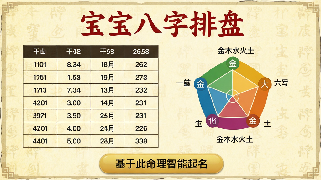 一张高清手机截图风格的图片,主体是“创世宝宝取名”应用的八字分析功能页面。页面顶部以红色大字显示“宝宝八字排盘”,下方左右分栏,左侧是清晰的干支纪年表格,右侧以环形图直观展示五行“金木水火土”的占比情况。页面底部有一个金色按钮“基于此命理智能起名”。界面背景是淡黄色宣纸纹理,整体风格古色古香,排版整齐,数据可视化清晰,画质干净,无多余元素。