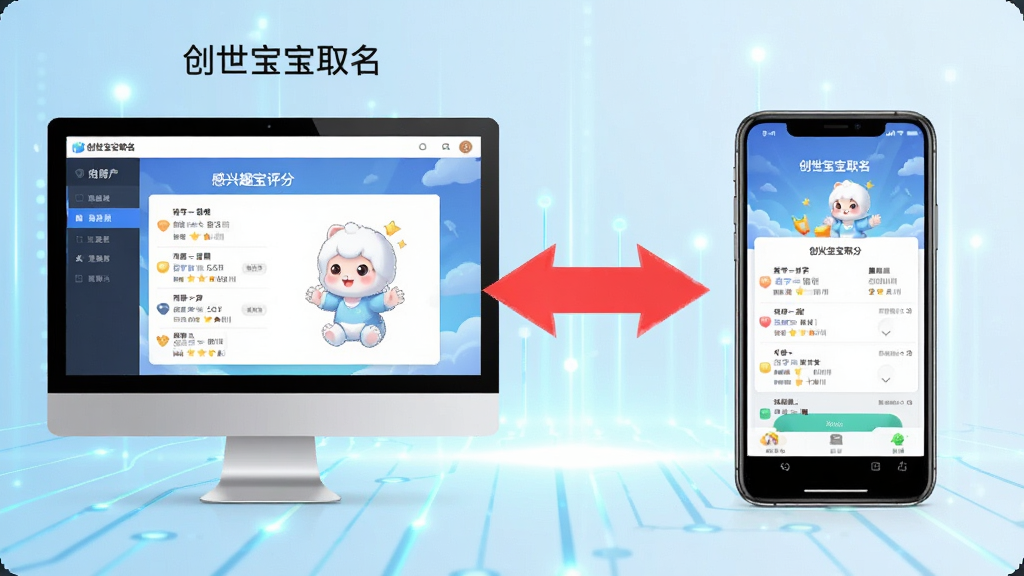 主体为一张对比图,左侧是电脑端“创世宝宝取名”软件界面,右侧是手机端应用界面。中间用一条红色双向箭头连接,强调数据互通。电脑屏幕中显示着名字详情感兴趣的评分页面,手机屏幕显示同样的页面。背景为淡蓝色的科技感光效,整体布局清晰,排版简洁,画质高清,干净无多余元素。
