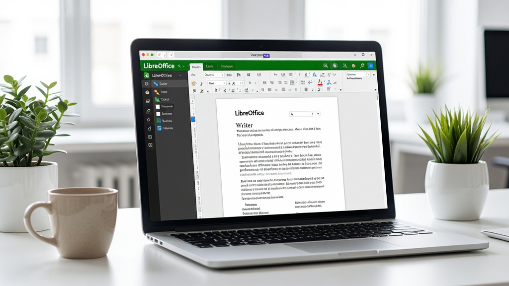 现代办公场景中,一台笔记本电脑屏幕清晰展示“LibreOffice”主界面,包含 Writer 文档编辑页面,周围摆放咖啡杯和绿植,整体色调明亮简洁,风格写实,画质高清,干净无多余元素,突出软件的专业与易用。