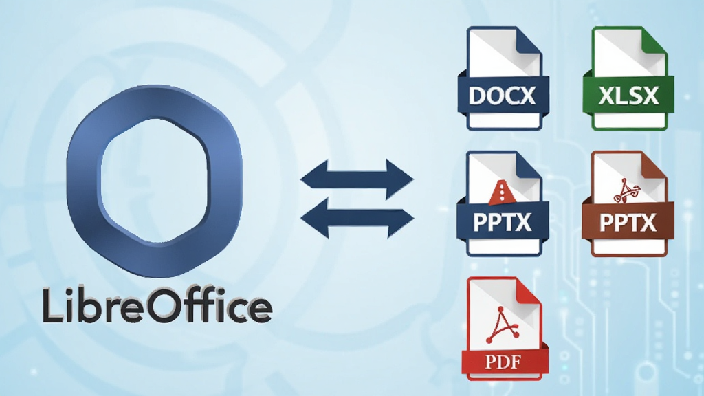 一张对比图,左侧为“LibreOffice”图标,右侧列出 DOCX、XLSX、PPTX、PDF 等文件格式图标,中间用双向箭头连接,背景为浅蓝色科技风格,排版整齐,画质清晰,干净无多余元素。