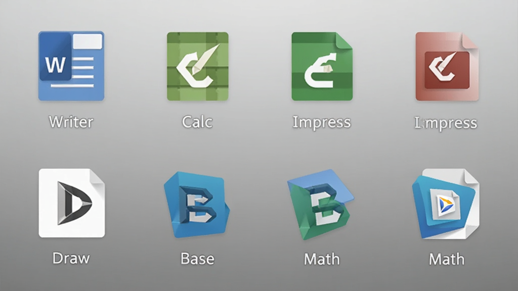 展示“LibreOffice”六大组件图标(Writer、Calc、Impress、Draw、Base、Math)整齐排列的界面截图,背景为柔和的渐变灰色,每个图标下方标注对应中文名称,布局规整,现代扁平化风格,画质干净清晰。