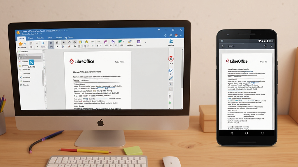一张办公桌面俯视图,显示“LibreOffice”软件在 Windows 和安卓手机上的界面对比,电脑屏幕与手机屏幕均展示文档编辑画面,背景为简洁木桌,光线柔和,风格写实,画质高清,干净无多余元素。