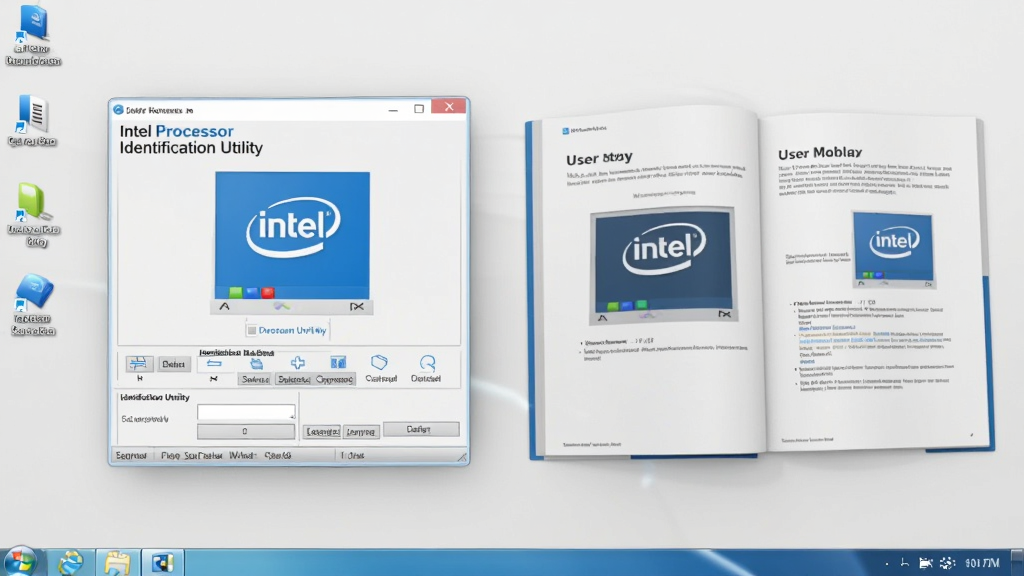 一张电脑桌面截图,桌面上打开着Intel英特尔Processor Identification Utility工具,旁边有一本打开的用户手册,画面整体明亮,布局整洁,显示工具运行正常的界面,画质清晰,细节丰富,无多余元素