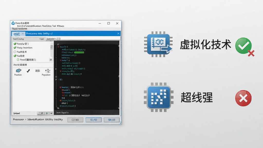 一幅对比示意图,左侧是Intel英特尔Processor Identification Utility工具的检测界面,右侧用图标和文字展示“虚拟化技术”、“超线程”等特性,每个特性旁带有绿色对勾或红色叉号,整体风格简洁明了,背景为浅灰色渐变,画面干净,排版整齐,画质清晰,无多余元素